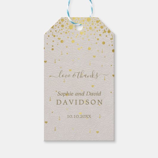 Elegant Witte Leren Gouden Confetti Bruiloft Cadeaulabel (Voorkant)