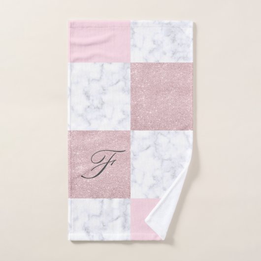 Elegant witte marmer & roos goudglitter, ingecheck bad handdoek (Handdoek)