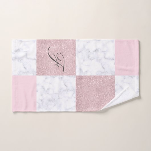 Elegant witte marmer & roos goudglitter, ingecheck bad handdoek (Handdoek)