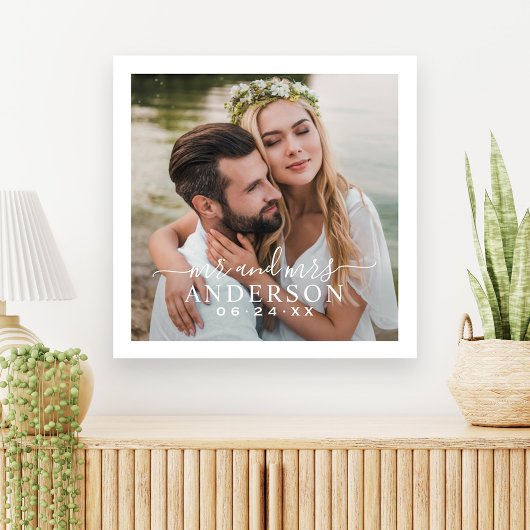 Elegant Witte Mr en Mrs Monogram Foto Bruiloft Canvas Afdruk