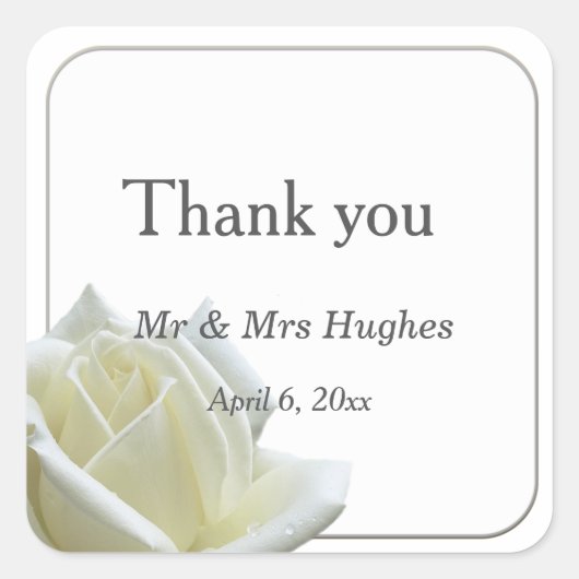 Elegant witte roos en zilver dank u vierkante sticker (Voorkant)