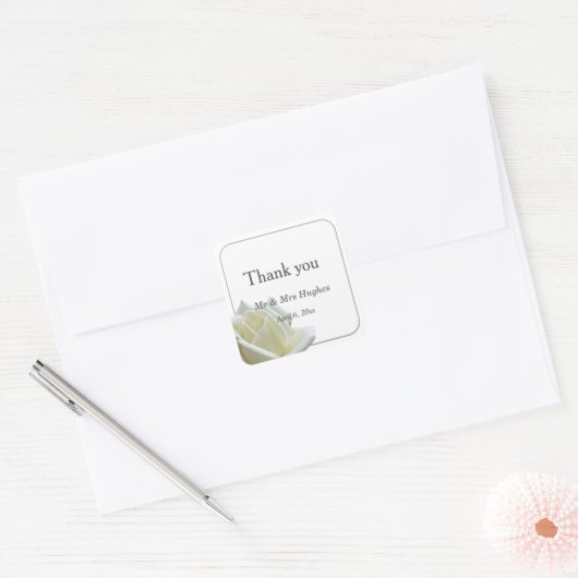 Elegant witte roos en zilver dank u vierkante sticker (Envelop)