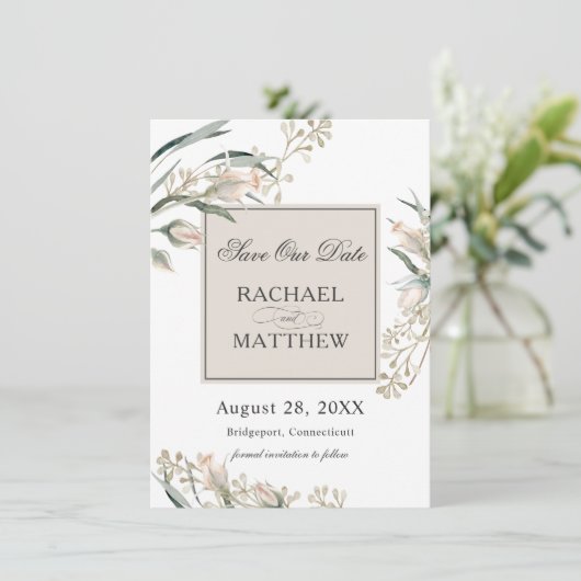 Elegant witte rosebuts bespaart onze datum save the date (Staand voorkant)