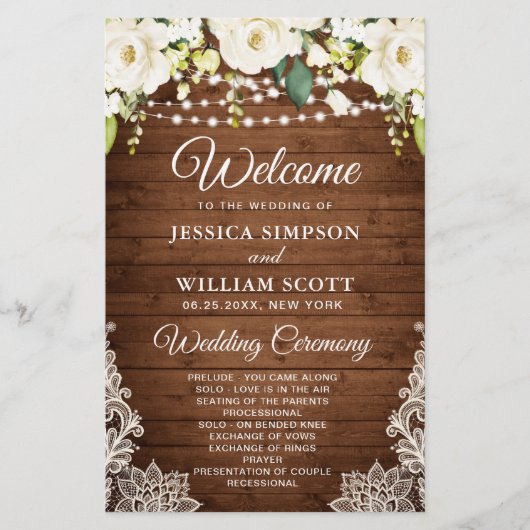 Elegant Witte Rozen Kant Bruiloft Ceremonie Progra (Voorkant)