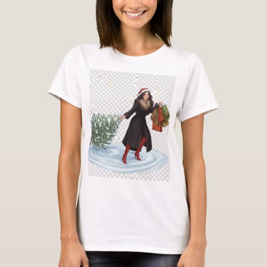 Elegant Woman in Santa Hat Pulling Christmas Tree T-shirt (Voorkant)