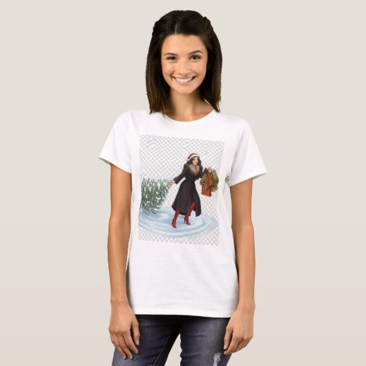 Elegant Woman in Santa Hat Pulling Christmas Tree T-shirt (Voorkant volledig)