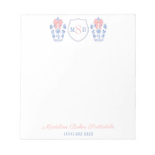 Elegant Woman Pink Ribbon Blue White Vase Monogram Notitieblok