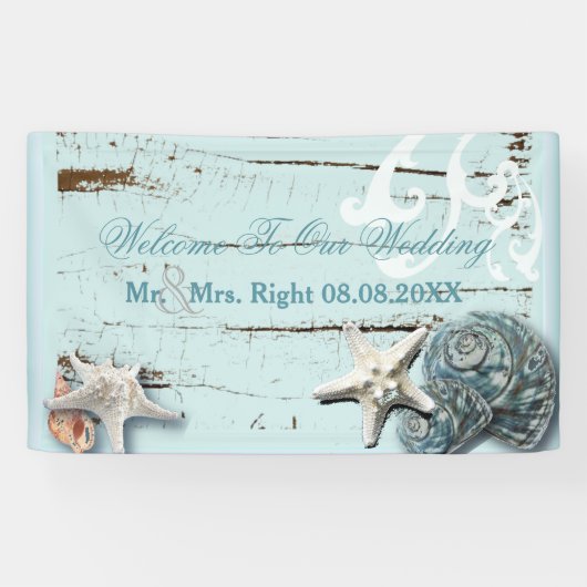 Elegant wood BLue Seashells Beach Wedding Spandoek (Horizontaal)