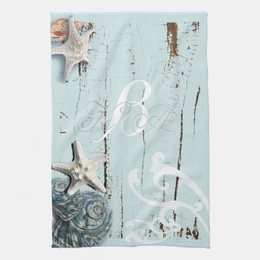 Elegant wood BLue Seashells Beach Wedding Theedoek (Verticaal)