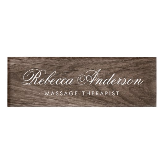 Elegant wood grain chic script naambadge (Voorkant)