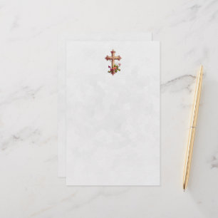 Elegant Wooden Cross met roze bloemen Briefpapier
