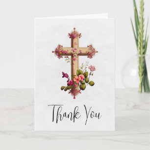 Elegant Wooden Cross met roze bloemen Dank je wel Kaart