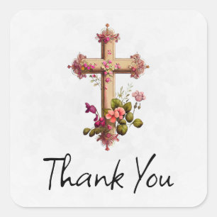 Elegant Wooden Cross met roze bloemen Dank je wel Vierkante Sticker