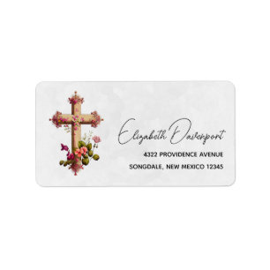 Elegant Wooden Cross met roze bloemen Etiket