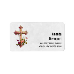 Elegant Wooden Cross met roze bloemen Etiket