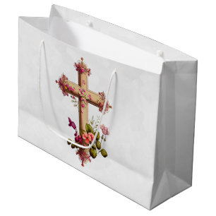 Elegant Wooden Cross met roze bloemen Groot Cadeauzakje