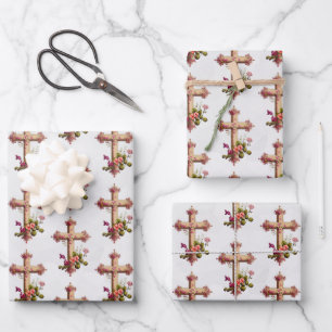 Elegant Wooden Cross met roze bloemen Inpakpapier Vel