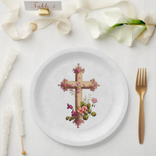 Elegant Wooden Cross met roze bloemen Papieren Bordje