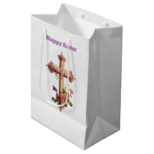 Elegant Wooden Cross met Roze Bloemen Pasen Medium Cadeauzakje