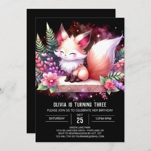 Elegant Woodland Fox Verjaardag digitaal Kaart (Voorkant / Achterkant)