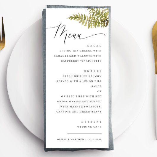 Elegant Woodland Wedding | Minimalist Forest Fern Menu