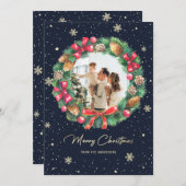 Elegant Wreater Gold Blue Photo met kerstmis Feestdagenkaart (Voorkant / Achterkant)