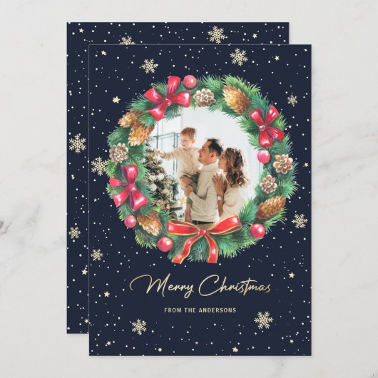Elegant Wreater Gold Blue Photo met kerstmis Feestdagenkaart (Voorkant / Achterkant)