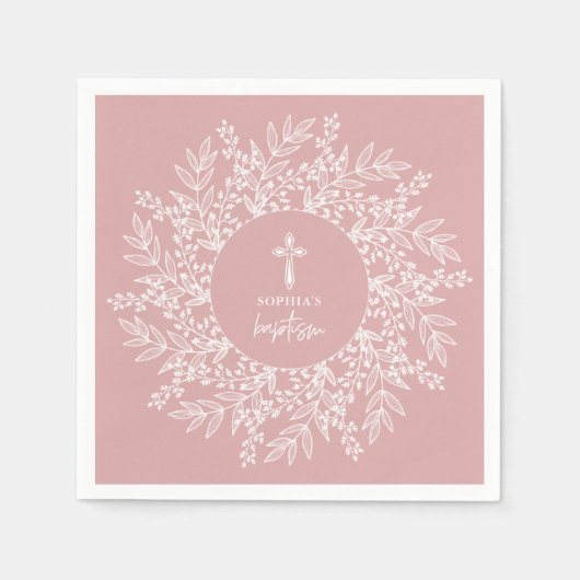 Elegant Wreath and Cross Pink Girl Baptism Servet (Voorkant)