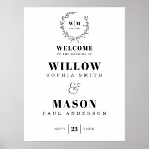 Elegant Wreath Monogram Weddenschap Welkomstteken Poster