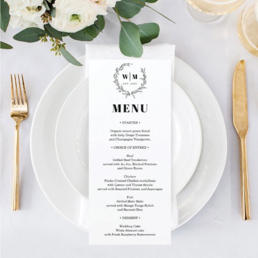 Elegant Wreath Monogram Wedding Menu