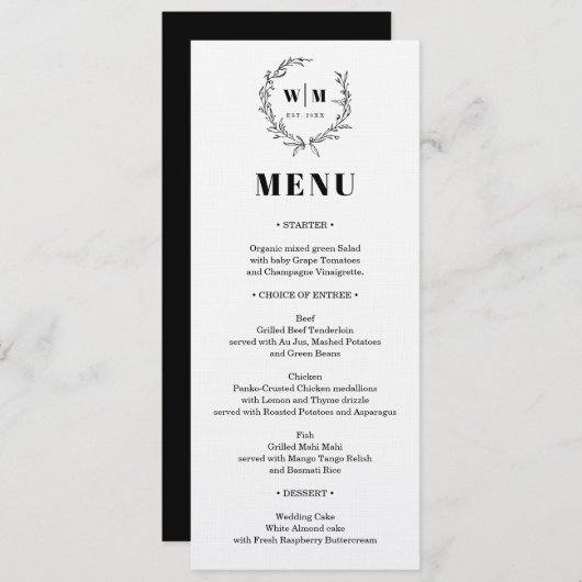 Elegant Wreath Monogram Wedding Menu Kaart (Voorkant / Achterkant)