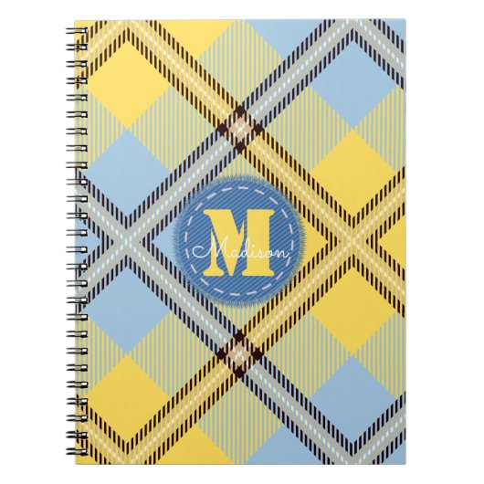 Elegant Yellow Blue Tartan Jeans Monogram Script Notitieboek (Voorkant)