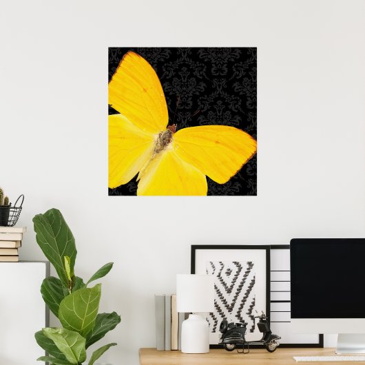 Elegant Yellow Butterfly Black Damask Poster (Thuiskantoor)