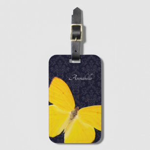 Elegant Yellow Butterfly Black Damask voeg naam iP Bagagelabel