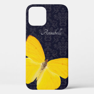 Elegant Yellow Butterfly Black Damask voeg naam to iPhone 12 Hoesje