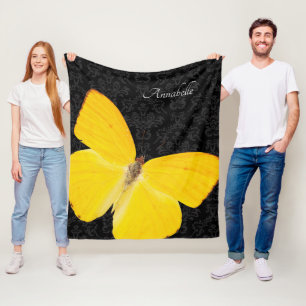 Elegant Yellow Butterfly Black Damask voeg naam to Fleece Deken