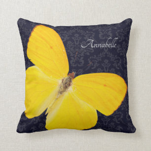 Elegant Yellow Butterfly Black Damask voeg naam to Kussen