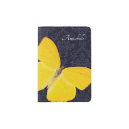 Elegant Yellow Butterfly Black Damask voeg naam to Paspoorthouder