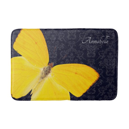 Elegant Yellow Butterfly Black Damask voeg naamtas Badmat (Voorkant)