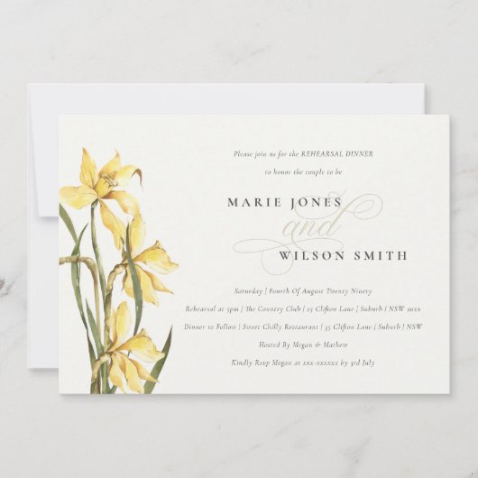 Elegant Yellow Daffodil Rehearsal Dinner Invite Bedankkaart (Voorkant)