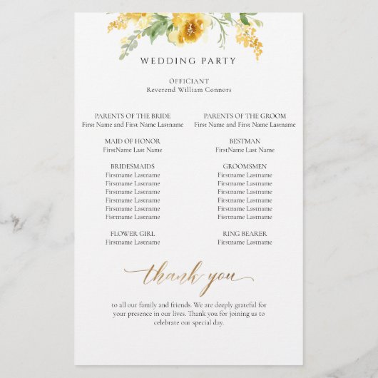 Elegant Yellow en Ochre Floral Wedding Programme (Achterkant)