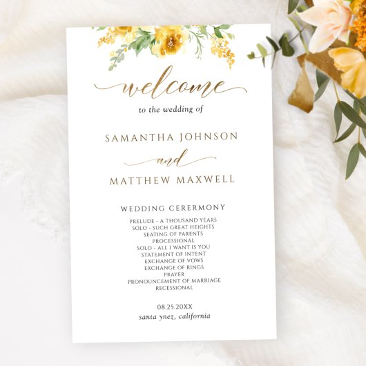 Elegant Yellow en Ochre Floral Wedding Programme