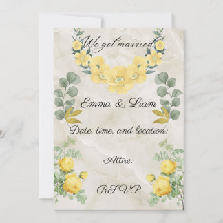 Elegant Yellow Floral and Marble Wedding Invitatio Kaart