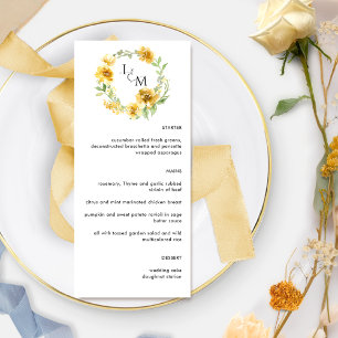 Elegant Yellow Floral Monogram Weddenschap Menu