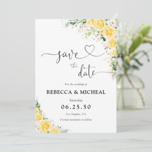Elegant Yellow Floral Wedding Save The Date (Debout devant)