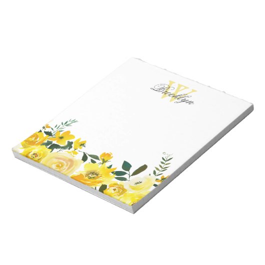Elegant Yellow Garden Floral Monogramed Notitieblok (Gedraaid)