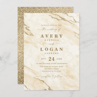 Elegant Yellow & Gold Marble & Glitter Wedding Kaart
