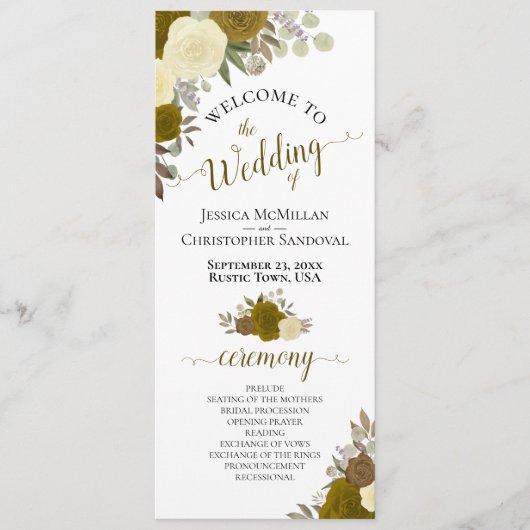 Elegant Yellow & Gold Waterverf Floral Wedding Programma (Voorkant)
