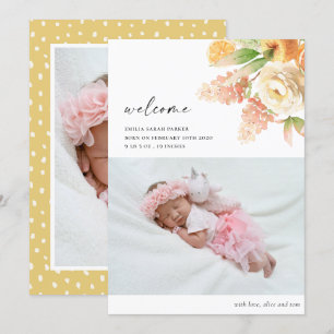 Elegant Yellow Rose Floral Foto Baby geboorte Aankondiging