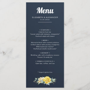 Elegant yellow roses waterverf marvy blue bruiloft menu